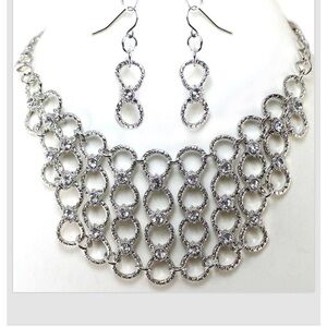 Silver Crystal Necklace Earrings Circle Statement Bib Elegant Jewelry Set